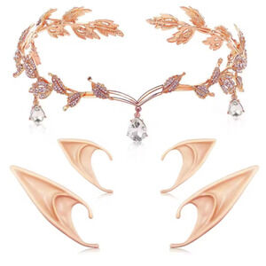 Rose Gold Elf Fairy Tiara Crown with Clear Gem & 4 Elf Ears Cosplay Hallowen